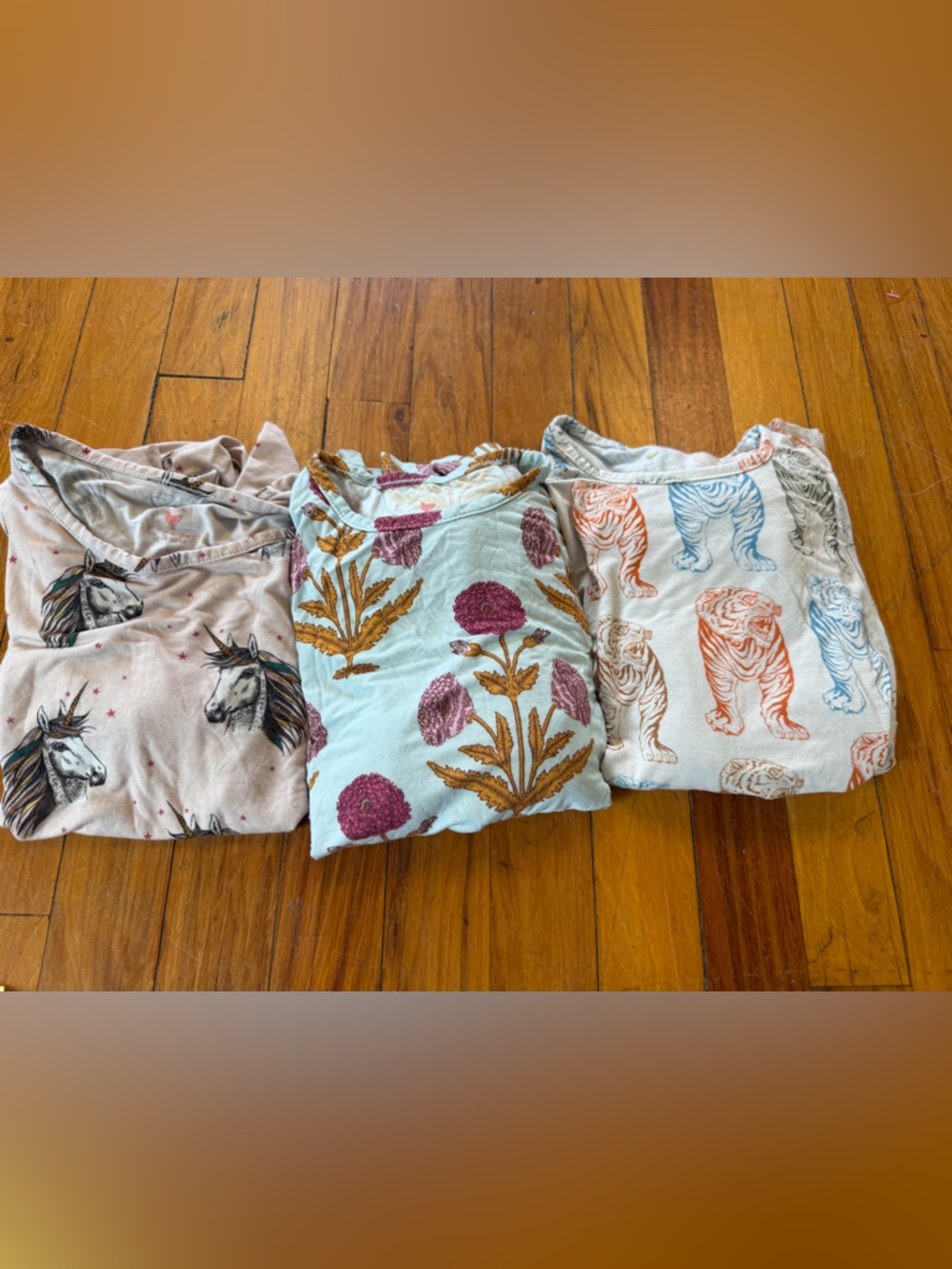 Set of 3 Soft Printed Kids Tops - Unicorn, Floral & Tiger Prints - Pastel Mix